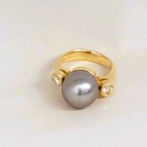 Diamond 0.45 carat BLACK PEARL12mm Ring 14K Yellow Gold - Picture 2 of 4